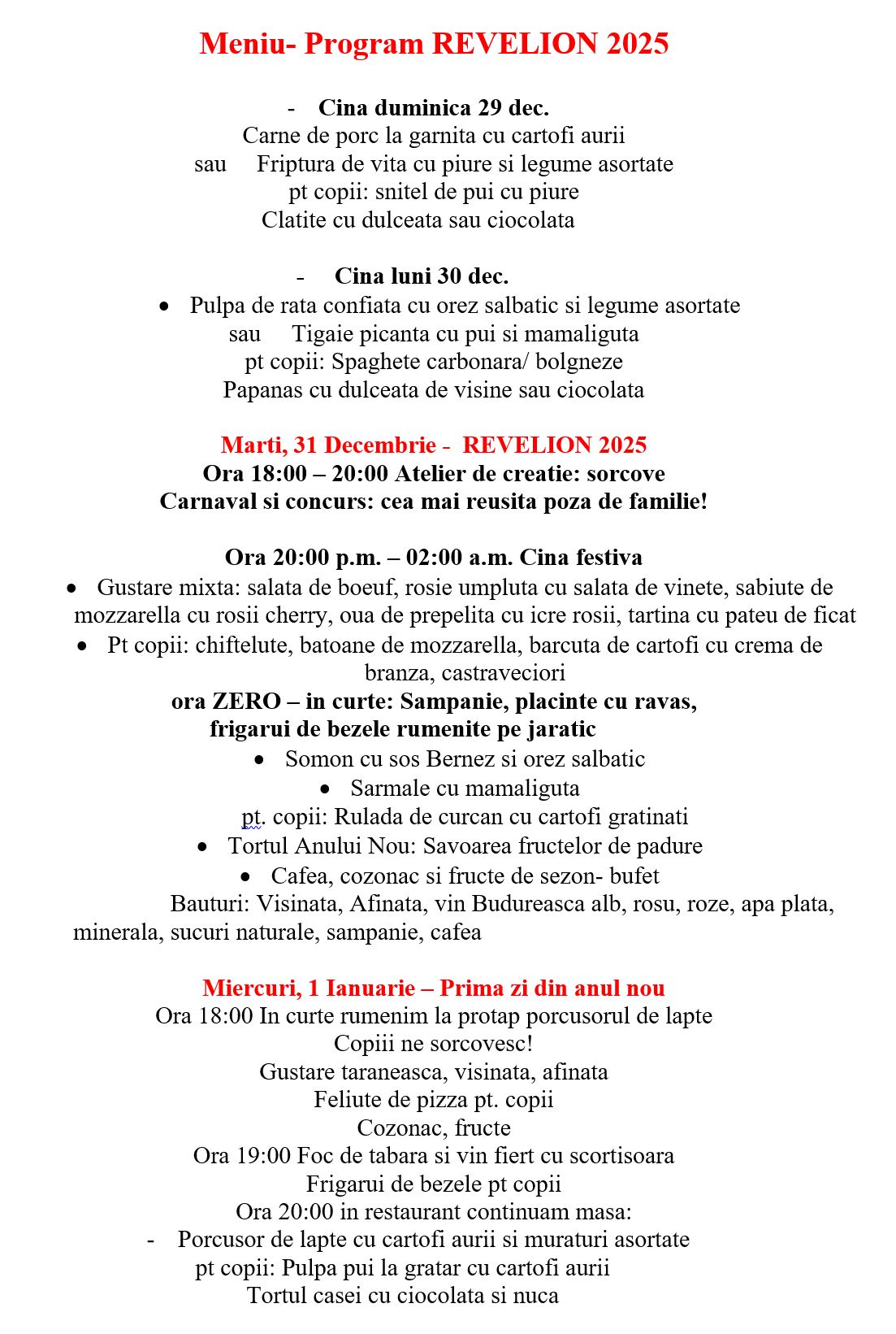 Meniu Program Revelion Evergreen 2025